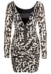 Robe à imprimé léopard avec des manches longues, un décolleté en V profond, une texture froncée et une fermeture à glissière centrale. La palette de couleurs comprend du noir et de la crème.