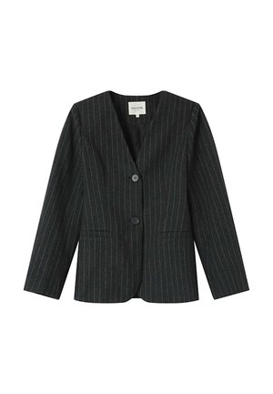 Blazer noir à rayures pinstripes avec col cranté, fermeture à un bouton et poches avant. Fabriqué en tissu texturé, doté de manches longues.