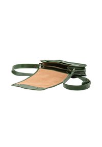 Borsa a tracolla verde in pelle con interno in suede beige. Presenta una singola tracolla regolabile e una chiusura a scatto magnetico. Visibili diversi scomparti.