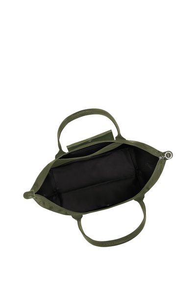 Olive green tote bag with textured exterior, double handles, zip closure, and a spacious black interior.