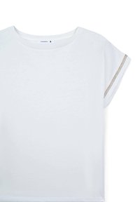 T-shirt bianco a maniche corte con scollatura rotonda e un accento metallico texture lungo la cucitura della spalla. Realizzato in tessuto morbido. Taglia S.