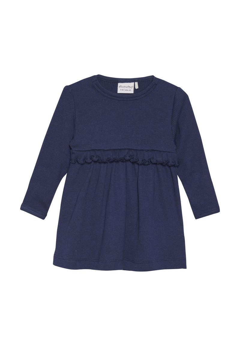 Navyblauw langärmelig kleed van ribstof met een gerimpeld taillepaneel en een plooien rok voor een textuurrijke uitstraling.