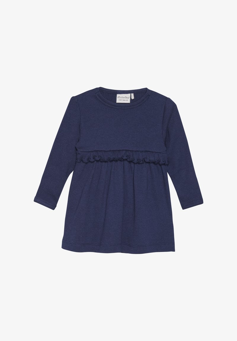 Navyblauw langärmelig kleed van ribstof met een gerimpeld taillepaneel en een plooien rok voor een textuurrijke uitstraling.