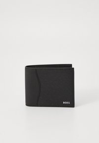 Juodas dvikryptis piniginė, pagaminta iš tekstūruoto medžiagos, turinti subtilų kreivą dizainą ir baltą "BOSS" logotipą priekyje.