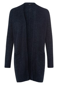 Cardigan bleu marine à ouverture sur le devant en maille texturée, doté de manches longues et de deux poches avant. Coupe souple et décontractée.