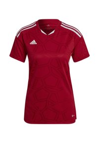 Rotes Sporttrikot aus atmungsaktivem Material. Mit V-Ausschnitt, kurzen Ärmeln und geometrischem Muster. Drei weiße Streifen auf den Schultern.