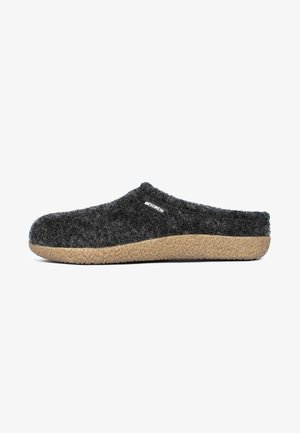 Gray felt slip-on slipper with a cork sole, featuring a textured material and a small logo accent on the side.