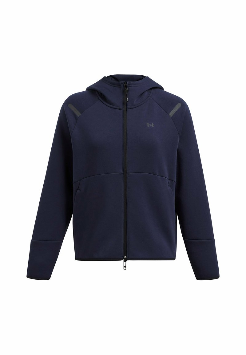 Haut de hoodie zippé bleu marine en tissu doux, doté d'une capuche, de poches latérales et d'accents noirs sur les épaules. Texture lisse, design ajusté.