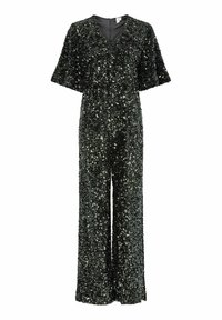 Tuta intera in paillettes verde scuro con scollo a V e maniche larghe; caratterizzata da una vestibilità ampia e gambe larghe, che creano un effetto scintillante.