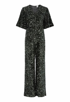 Paillettenjumpsuit in donkergroen met een V-halslijn en brede mouwen; heeft een losse pasvorm en wijde pijpen, wat een sprankelend effect creëert.