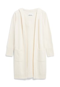 Langer, offener Cardigan aus einem weichen, cremefarbenen Stoff. Verfügt über eine Kapuze, lange Ärmel und zwei vordere Taschen.