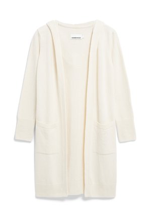 Langer, offener Cardigan aus einem weichen, cremefarbenen Stoff. Verfügt über eine Kapuze, lange Ärmel und zwei vordere Taschen.