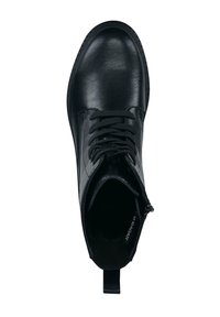 Schwarze Leder-Stiefelette mit runder Zehenpartie, Schnürung und seitlichem Reißverschluss. Verfügt über eine langlebige Sohle und eine Zuglasche auf der Rückseite.