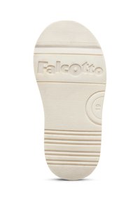 Suola in gomma bianca con motivi testurizzati e rigati e un accento circolare. Logo "Falcotto" in rilievo visibile sulla superficie.