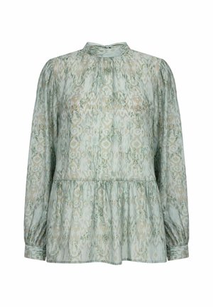 Hellgrüne Bluse mit langen Ärmeln, gerafftem Halsausschnitt, tailliertem Peplum und dezentem Blumenmuster in Hellbeige und goldenen Akzenten.