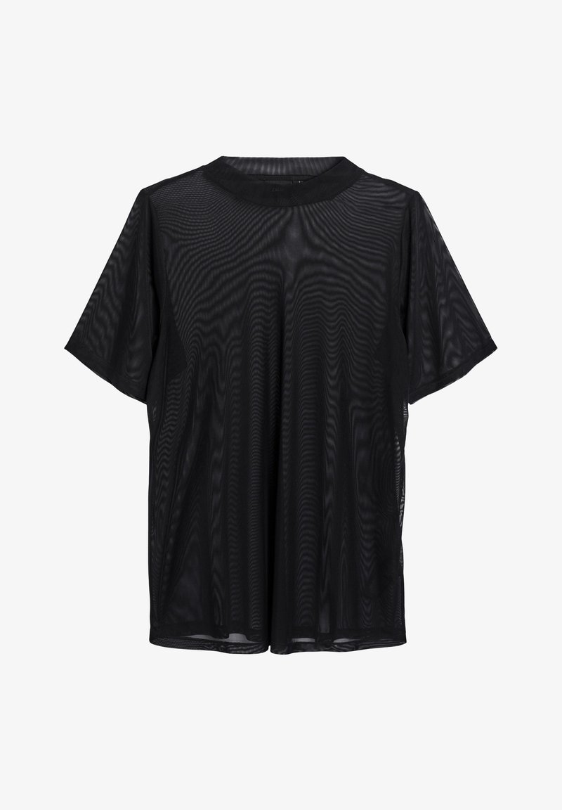 T-shirt nera in mesh con maniche corte, scollatura rotonda e vestibilità ampia. Presenta una texture semitrasparente e un motivo sottile in tutto il capo.