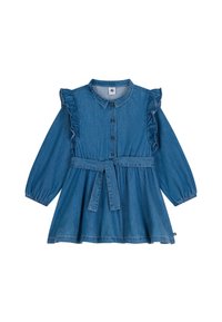 Denimkleid mit Rüschenakzenten an den Schultern, langen Ärmeln, Knopfleiste und einem gebundenen Taillengürtel. In tiefblauer Farbe mit einem ausgestellten Rock.