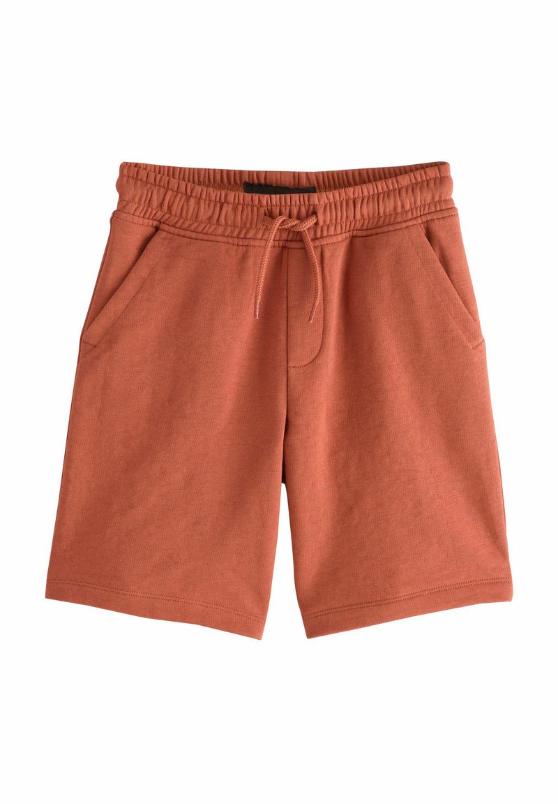 Rostfarbene Shorts aus weichem Material mit einem elastischen Bund, Kordelzug und zwei seitlichen Taschen. Schlichtes Design mit sauberen Kanten.
