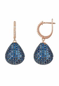 Pendientes de gota con piedras azules engastadas en un marco de metal con tono oro rosado. Cuentan con una superficie texturizada y cierre de aro articulado.