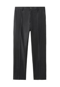 Pantaloni a righe grigio scuro con design a gamba dritta, chiusura a bottone e passanti per la cintura, realizzati in un tessuto liscio.