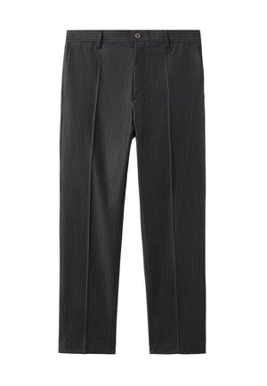 Pantaloni a righe grigio scuro con design a gamba dritta, chiusura a bottone e passanti per la cintura, realizzati in un tessuto liscio.