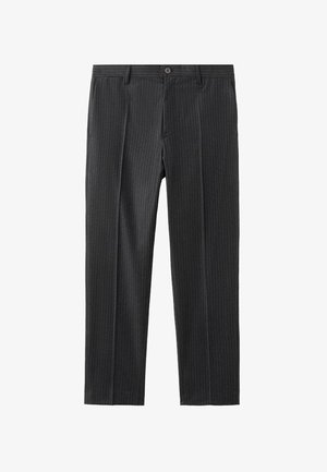 Pantalones de rayas gris oscuro con un diseño de pierna recta, cierre de botón y trabillas para cinturón, elaborados con una tela suave.