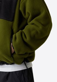 Sudadera verde de forro polar con panel negro en el pecho, puños elásticos y cordón en la cintura. Tejido texturizado con un acabado suave, adecuada para superponer.