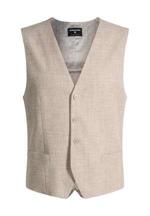 Beige herenmaatwerk vest met drie knopen, twee voorzakken en een patroon van lichtgrijze voering aan de binnenkant.