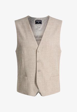 Beige herenmaatwerk vest met drie knopen, twee voorzakken en een patroon van lichtgrijze voering aan de binnenkant.
