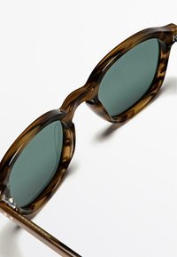 Sluneční brýle s opálovým obroučkem, zelenými čočkami, kulatým tvarem a zakřivenými rameny. Obsahují kovové ozdoby na pantách.