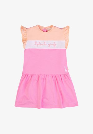 Vestito per bambina a maniche corte rosa e pesca con maniche arricciate, gonna arricciata e "Sophie la girafe" ricamata sul petto.