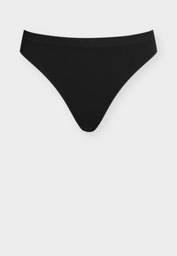 Μαύρο σλιπ από ριγωτό ύφασμα με μέτρια χαμηλή μέση και στενές πλευρές σε λευκό φόντο.