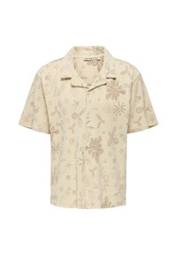 Kurzarm-Hemd mit Kragen in hellbeige, aus strukturiertem Stoff mit braunen floralen und abstrakten Mustern, Knopfleiste vorne.