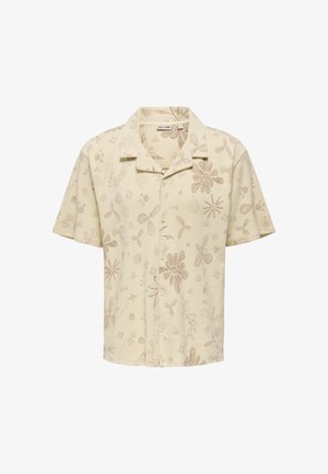 Kurzarm-Hemd mit Kragen in hellbeige, aus strukturiertem Stoff mit braunen floralen und abstrakten Mustern, Knopfleiste vorne.