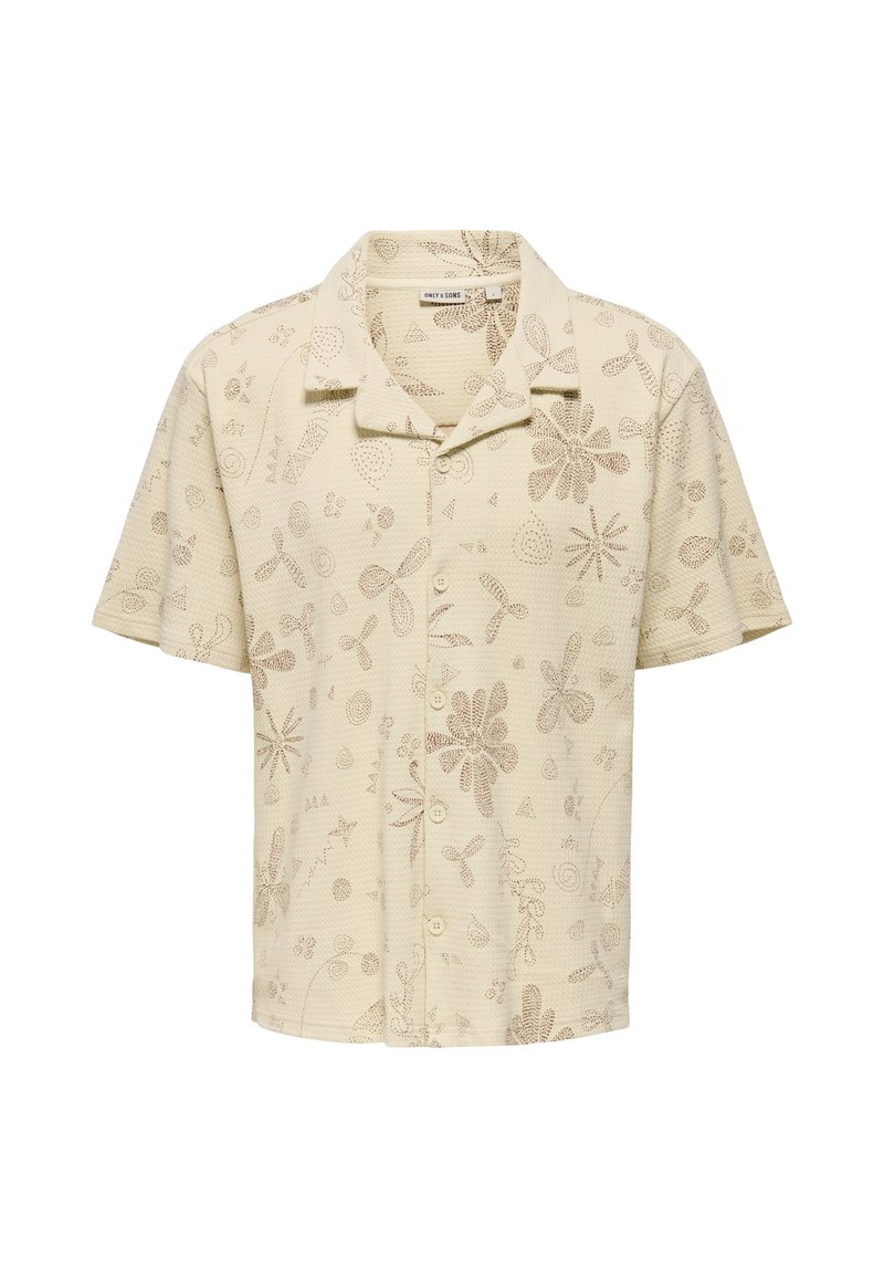 Kurzarm-Hemd mit Kragen in hellbeige, aus strukturiertem Stoff mit braunen floralen und abstrakten Mustern, Knopfleiste vorne.