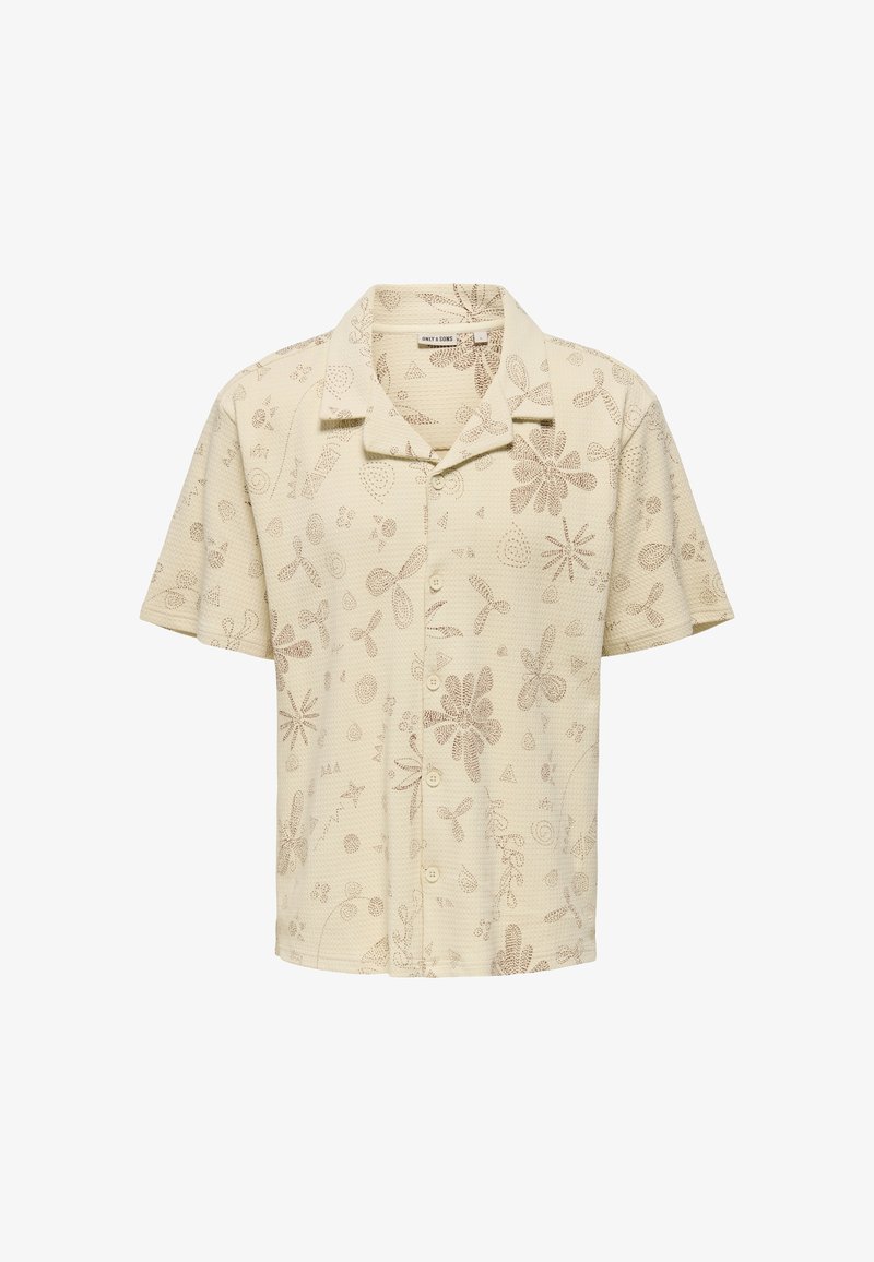 Kurzarm-Hemd mit Kragen in hellbeige, aus strukturiertem Stoff mit braunen floralen und abstrakten Mustern, Knopfleiste vorne.
