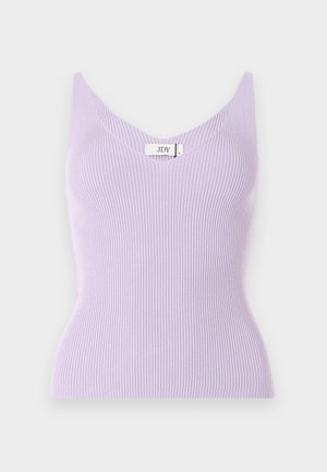 Λιλά ριμπ αμάνικο τοπ με V-λαιμόκοψη και εφαρμοστή γραμμή. Το υλικό φαίνεται μαλακό με κατακόρυφες υφασμάτινες λεπτομέρειες. Ορατή ετικέτα μάρκας.