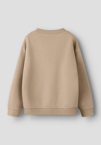 Beige crewneck sweatshirt med lange ærmer, ribbede manchetter og ribbede kant, vist bagfra mod en ensfarvet lysgrå baggrund.