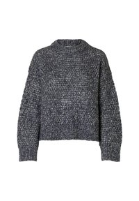 Grubo dziergany sweter w ciemnoszarym kolorze z jasnoszarymi akcentami. Posiada wysoki dekolt, opadające ramiona oraz żeberkowe mankiety i dół.