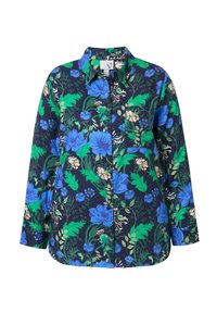 Camicia blu navy con bottoni, decorata con foglie verdi e grandi motivi floreali blu e bianchi, dotata di maniche lunghe e taschino sul petto.