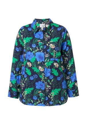 Camisa de botones azul marino con hojas verdes y grandes patrones florales en azul y blanco, con mangas largas y un bolsillo en el pecho.
