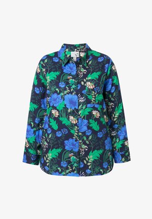 Marineblauwe button-up overhemd met groene bladeren en grote blauw-witte bloempatronen, met lange mouwen en een borstzak.
