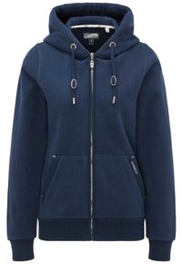 Felpa con zip di colore blu navy realizzata in morbido cotone, con zip frontale, cordini e due tasche laterali. Polsini e orlo a costine.