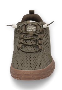 Grüner Mesh-Sneaker mit einer strukturierten Oberseite, elastischen Schnürsenkeln und einer Gummisohle. Mit einer Zuglasche an der Ferse. Leicht und atmungsaktiv.