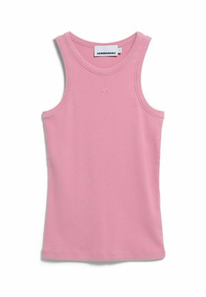 Débardeur côtelé rose sans manches avec encolure ronde et petit logo brodé sous l'encolure, étiquette de la marque à l'intérieur du col.