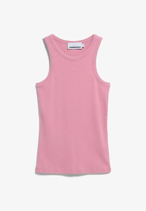 Roze geribd mouwloos tanktop met ronde halslijn en klein geborduurd logo onder de halslijn, merketiket binnenin de kraag.