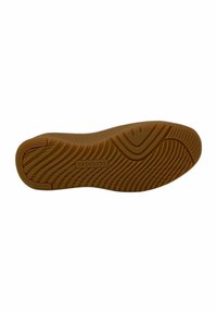 Suela de zapato de goma de color marrón, con un patrón de olas para tracción y un diseño plano con una marca en el centro.