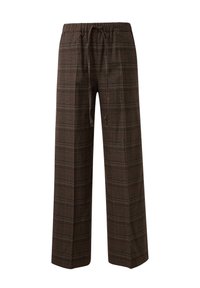 Pantalon marron à jambes larges avec taille élastique et cordon de serrage à l'avant, présentant un motif à carreaux subtil.
