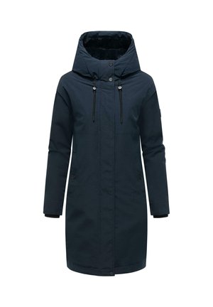 Dark blue parka coat featuring a hood, front zipper, adjustable drawstrings, two lower pockets, and textured lining. Long sleeves with cuffs.