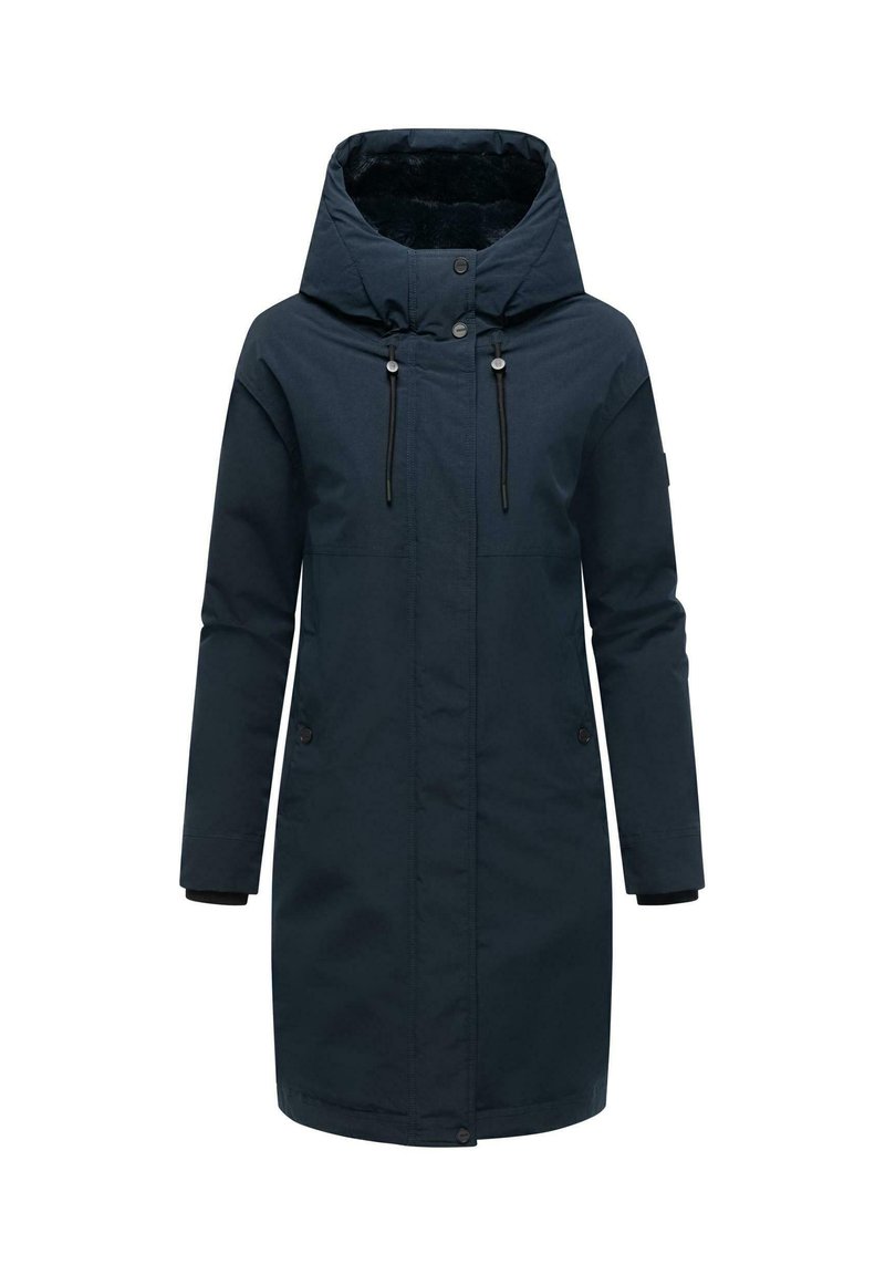 Donkerblauwe parka met capuchon, ritssluiting aan de voorkant, verstelbare trekkoordjes, twee zakken onderaan en een gestructureerde voering. Lange mouwen met manchetten.